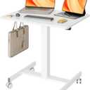 Claiks Mobile Standing Desk, Small Rolling Standing Desk, Mobile Desk Workstation with Wheels, Pneumatic Mobile Laptop Desk for Home Office with Hook, White