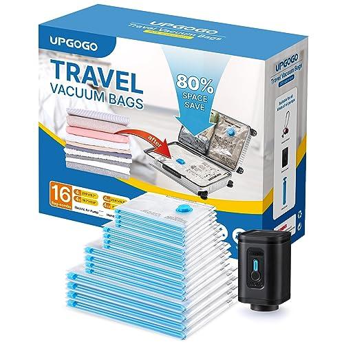 UPGOGO Combo 16 Pack Travel Vacuum Bags with Portable Electric Pump, Space Saver Vacuum Storage Bags for Clothing and Luggage, Travel Essentials