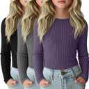 3 Pack Girls Long Sleeve Shirts Ribbed Knit Cotton Layering Tops Slim Fit Crewneck Casual Undershirts, Color: Black, Dark Gray, Mauve, 7-8