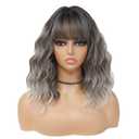 MINLEE Ombre Gray Wig with Bangs for Women 14 Inch Short Bob Wavy Curly Wig Grey Hair Wigs Heat Resistant Synthetic Wigs