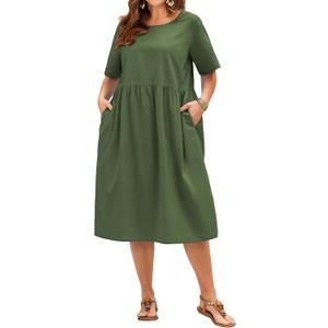 IN'VOLAND Plus Size Women's Summer Maxi Linen Dresses Casual Loose Pockets Long Dress Short Sleeve Army Green (Green)