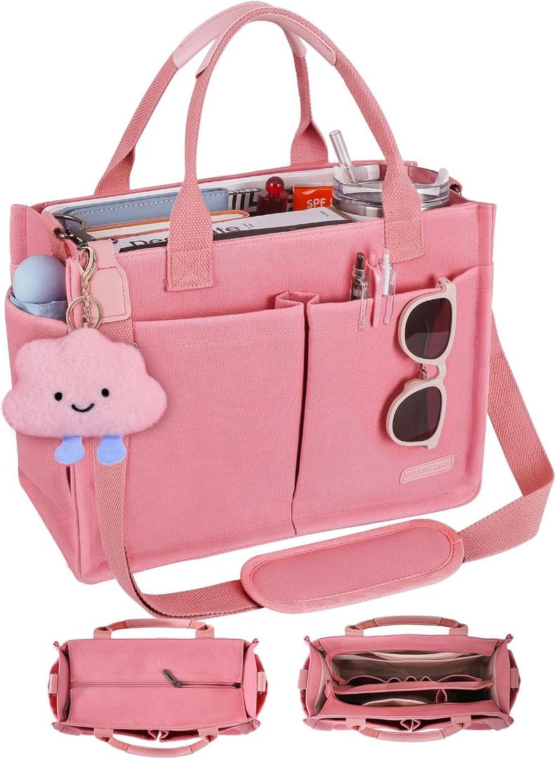 BESBESME Canvas Tote Bag for Women with Zipper & Compartments Large Work & College Laptop Tote Crossbody Shoulder Bag (Medium, Pink)