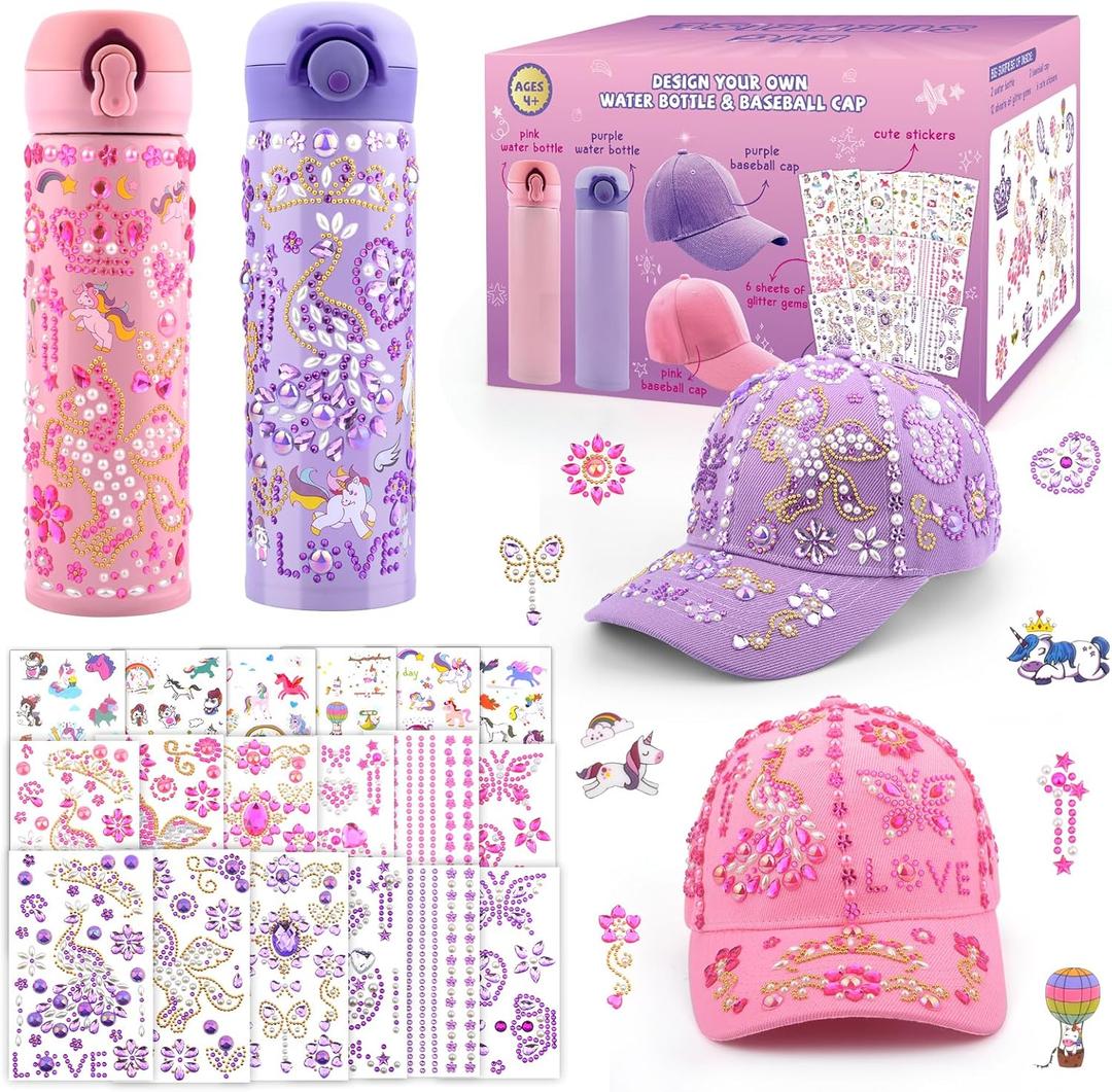 Gifts for Girls 5 6 7 8 9 10 11 Year Old, Decorate Your Own Water Bottle Baseball Cap with Gem Unicorn Stickers, Birthday Gifts for Girls Age 4-12, Kids Arts Crafts Toys Water Bottles to School