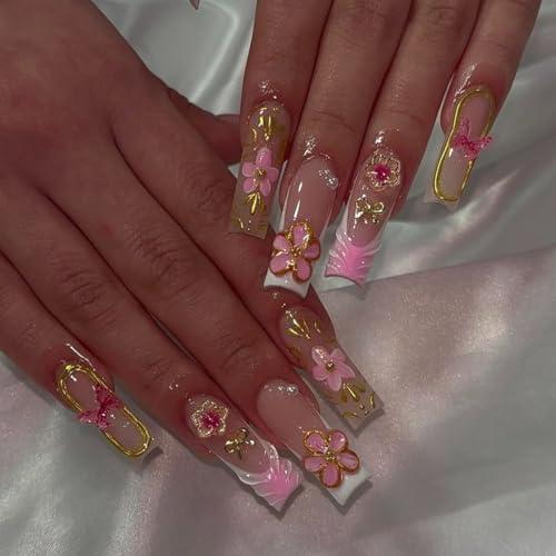 Flower Press on Nails Square Shape Long Fake Nails 3d Design Nails 13pcs