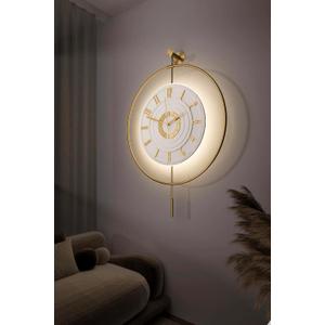 Large Luxury LED Backlit Wall Clock Pendulum Roman Numeral Metal Ring, Silent Non-Ticking Decorative Clock for Living Room Bedroom Entryway, Modern Halo Glow (Crystal Gold)