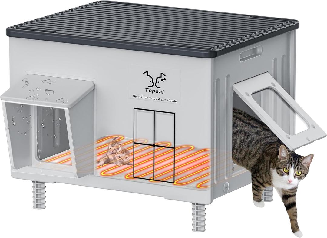 Large Indestructible Heated Cat House for Outside - Extremely Waterproof & Weatherproof Heated Outdoor Cat House with Escape Door for Winter, Insulated Feral Cat Shelter for Barns Strays 22x17x17.5 in
