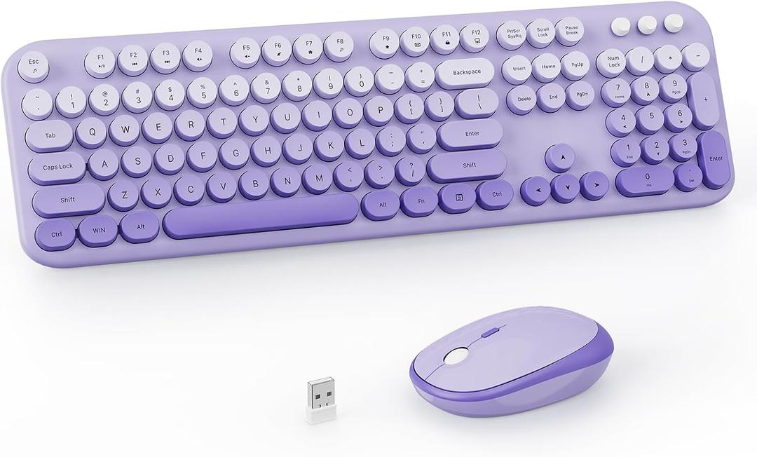 Wireless Keyboard and Mouse Combo, 2.4GHZ Typewriter Retro Full Size Keyboards, Cute Colorful Computer Keyboard and Wireless Mouse for Laptop/Desktop/Windows/PC (Purple Gradient)