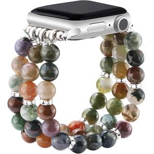JR.DM Natural Stone Beaded-Bands Compatible with Apple Watch Series 10 9 8 7 6 5 4 3 2 1, Fashion Stretchy Handmade Bracelet Feminine Fancy Boho Elastic Strap for iWatch 38/40/41/42mm Women Gift (Indian Agate)