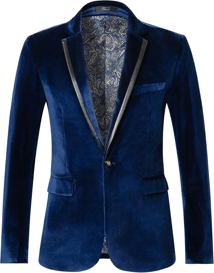 THWEI Mens Velvet Blazer Sport Coat Tuxedo Jacket for Prom Wedding Party Dinner, L