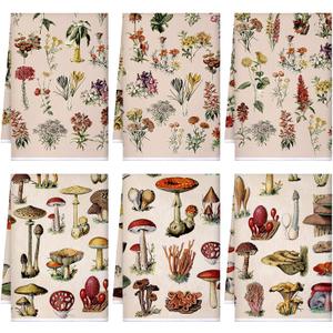 Boyiee Set of 6 Vintage Kitchen Towels Cottage Core Mushroom Dishtowels Wildflower Plants Tea Hand Towels 24"x16" Absorbent Floral Dishcloths for Holiday Kitchen Bathroom Farmhouse Housewarming Gifts