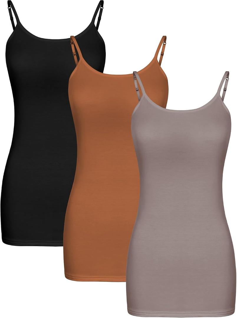 WILLBOND 3 Pieces Women Basic Long Tanks Adjustable Spaghetti Strap Camisole Top L