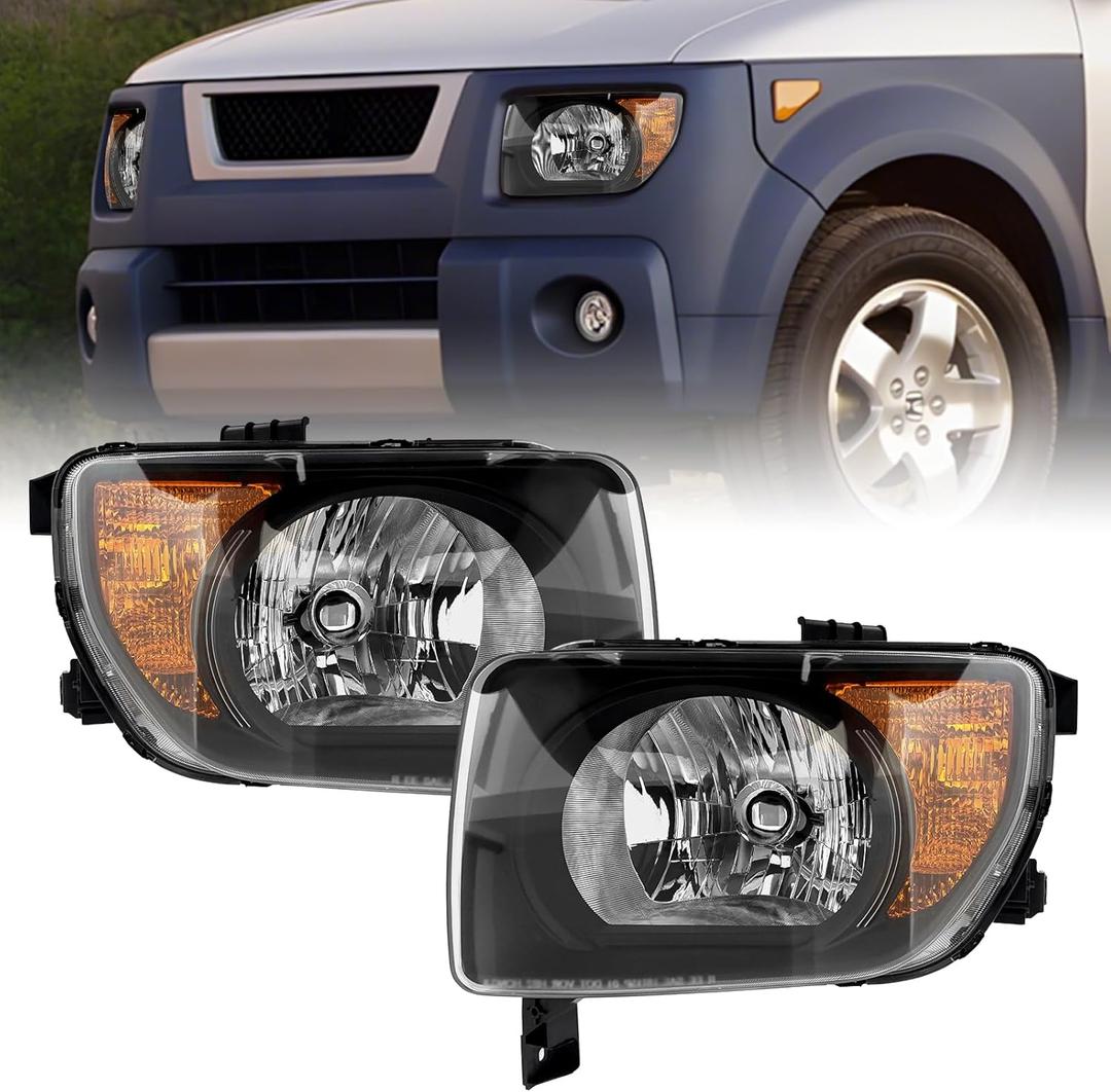 Headlight Assembly Compatible with 2003 2004 2005 2006 Honda Element Halogen Headlamp Left and Right Side Replacement w/o Bulbs (Black)