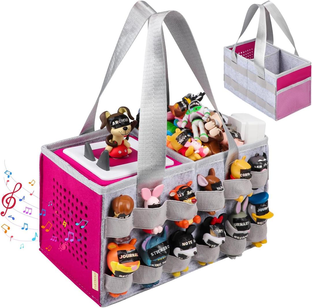 Carrying Case Compatible with Tonies Box with Audio Position, Portable Travel Storage Bag for Tonies Figures with 24 Elastic Strap, Soft Felt Organizer Case for Toniebox Accessories Gray&Rose