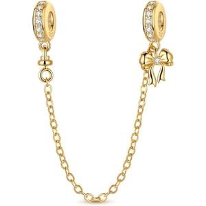 Charm for Bracelets and Necklaces, Heart Animals 925 Sterling Silver Bead Celestial Sun Moon Star Charms Jewelry Gift for Women Girls (Bow Safety Chain Charm)