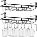 AUHOKY 2Pcs Adjustable Under Cabinet Stemware Metal Glass Holder, Hanging Wine Glass Storage Hanger Organizer for Shelf Kitchen Bar Decor(4 Rows, Black)