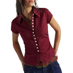 Women's Short Sleeve Button Down Shirt Summer Collared Blouse Trendy Casual Tops 2026 (L)
