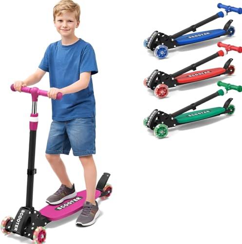3 Wheel Kids Kick Scooter for Ages 3-12, Lean-to-Steer, Light-Up PU Wheels, 3-Level Adjustable Handlebar 27.5”-33”, Wide Non-Slip Deck, Dual Rear Brake,Travel Foldable,180LBS-Pink