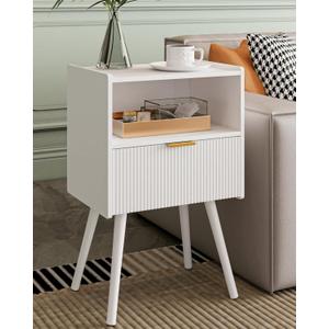 Nightstand,Modern Bedside Table with Storage Drawer and Open Wood Shelf, Accent Night Stand with Solid Wood Legs for Living Room, Bedroom and Small Spaces,Easy Assembly (White)