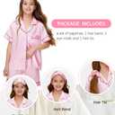 Kids Girl Pajama Set with Headband Blindfold Hair Tie Toddler Boy Girl Satin Silky Button-up Pajama Sleepwear (9-10 Years, Pink-short)