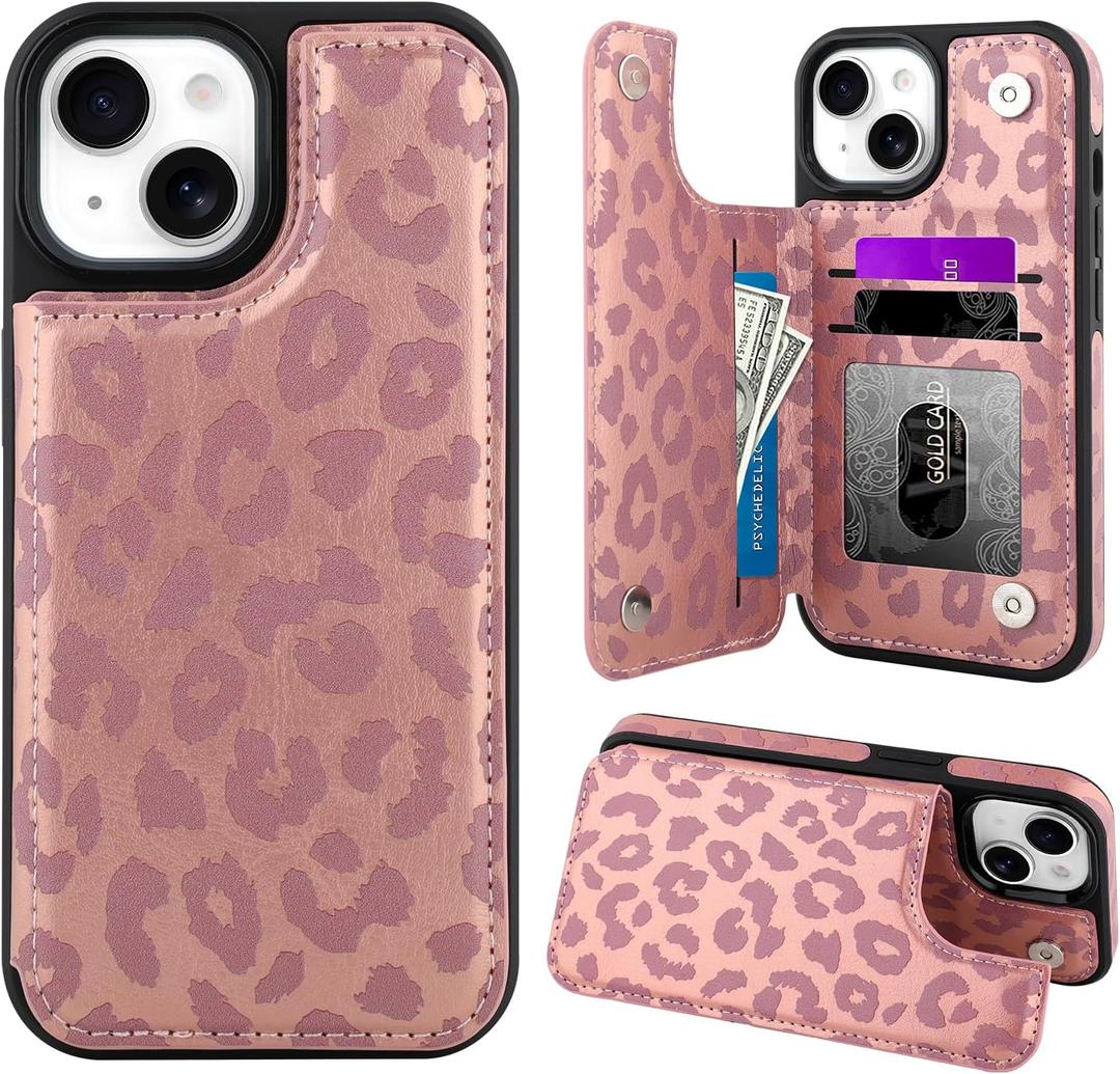 OOK for iPhone 13 Case Wallet with Card Holder, Cute Pink Leopard Cheetah Pattern for Women Girls RFID Blocking 3 Card Slots Kickstand Flip Folio Leather Protective Shockproof Phone Case