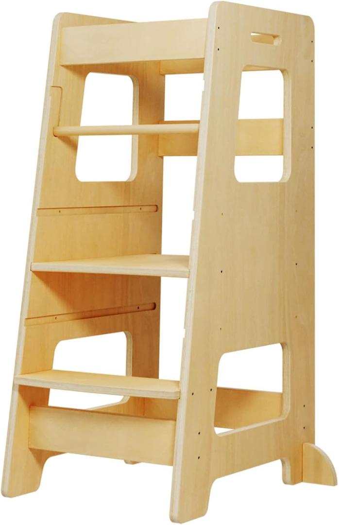 WOOD CITY Kitchen Step Stool for Kids and Toddlers with Safety Rail, Adjustable Height Step Stool Helper Standing Tower Learning Stool for Bathroom & Kitchen Counter (Natural)