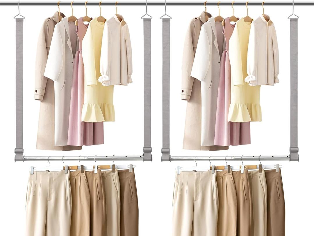 STO STO Closet Hanging Rod, Length and Height Adjustable Closet Rod, Space-saving Closet Extender Hanging Bar for Hanging Clothes, Webbing, 2 Pack