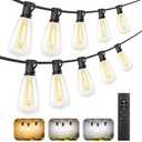 Brightever 3 Color in 1 LED Outdoor String Lights with Remote, 100FT Edison Hanging String Lights for Outside Dimmable, Outdoor Lighting for Patio Caf Bistro with 52 ST38 LED Bulbs, 2700K/4000K/5000K (Black-Wire)