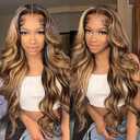 QUANDIAN 28 Inch 13x6 Body Wave Highlight Ombre Lace Front Wig Human Hair 13x6 HD Lace Front Wigs Human Hair 180% Density P4/27 Colored Wigs Honey Blonde Glueless Wigs Human Hair Pre Plucked Pre Cut