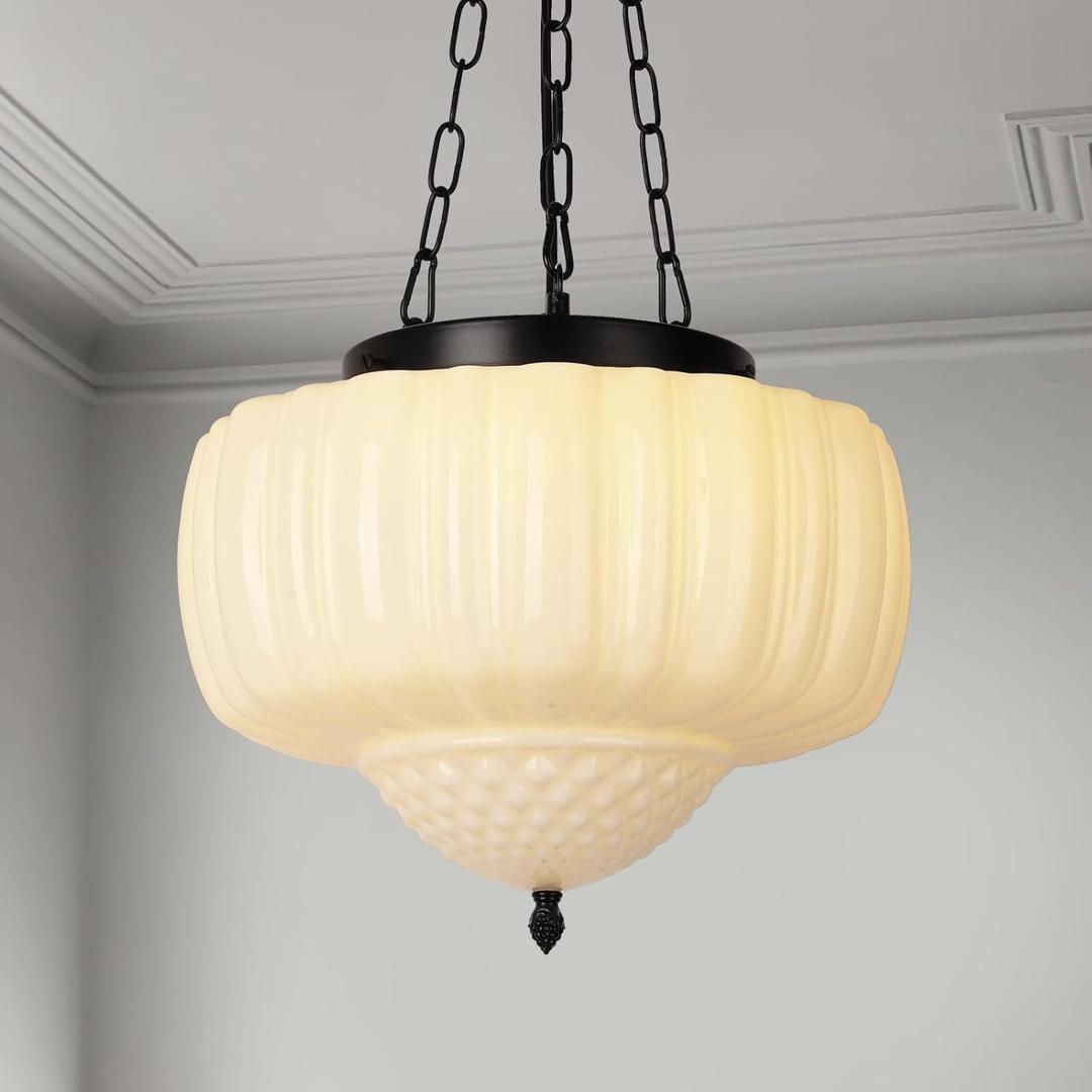 14" Vintage Milk Glass Pendant Light, Mid-Century Modern Schoolhouse Ceiling Chandelier, Vintage White Opal Flush Hanging Fixture for Kitchen Island, Dining Room, Bedroom, Living Room