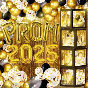 100Pcs Prom 2025 Balloon Boxes Decorations with LED Lights Black and Gold Prom Decorations for Party 2025 Graduation Party Supplies