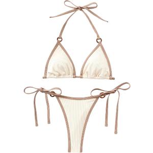 WDIRARA Women's 2 Piece Swimsuit Contrast Trim Halter Triangle Bikini Set Knitted Tie Side Bathing Suit (Beige, M)