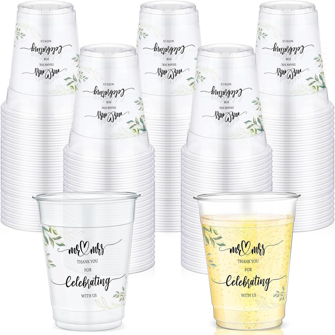 100 Pcs Mr and Mrs Cups 12 oz Plastic Wedding Cups Bulk Clear Engagement Disposable Drinking Glasses for Reception Supplies Bridal Shower Wedding Theme Party Decoration