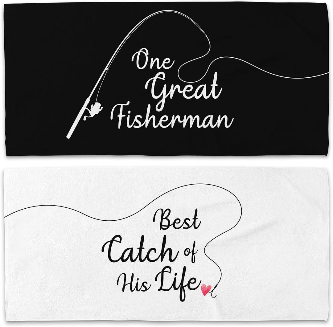 Couple Funny Fisherman Beach Towel Set of 2, Honeymoon Wedding Beach Towels Gifts for Newlywed Bride Groom Valentine's Day, Black and White Beach Towels Oversized Decor for Bathroom 30x60 in