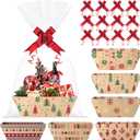 Pascliyna 12 Set Christmas Gift Baskets Empty 10x7 Inch, Kraft Paper Christmas Gifts Baskets with Cellophane Bags and Red Pull Bows, Reusable Gift Wrapping for Xmas Holiday Winter Party Supplies
