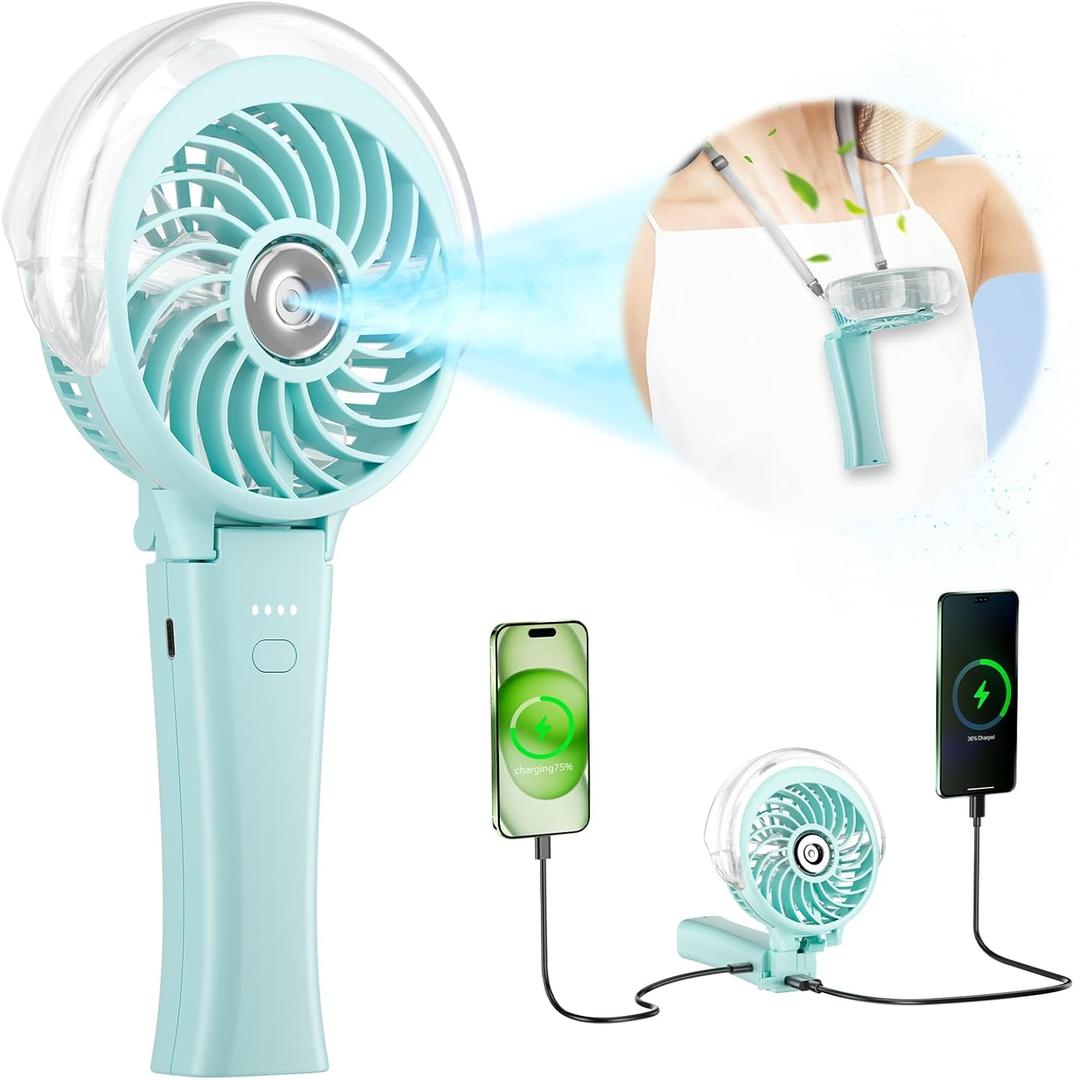 HandFan 4000mAh Handheld Misting Fan, 50ml Water Tank, Rechargeable Personal Mister Fan Portable AC, Spray Water Mist Fans, Foldable Cooling Ice Fans for Beach, Travel, Outdoors(Light Blue)