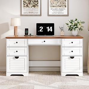 59" Home Office Desks, Executive Desk, Farmhouse Computer Desk with 7 Drawers and Charging Station, File Drawer, Rustic Computer Writing Desk,Antique Cream