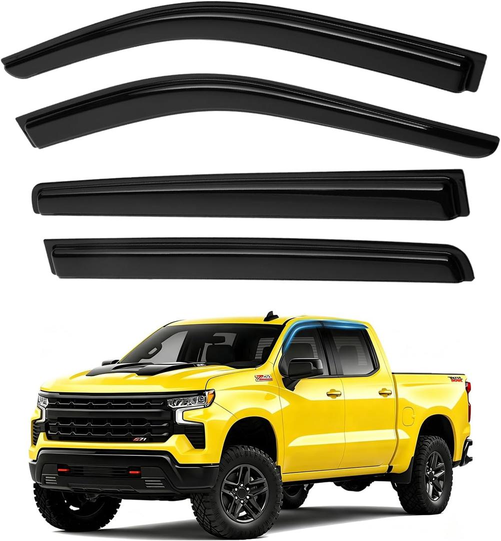 Silverado Rain Guards - Window Visors for 2019-2025 2026 Chevrolet Chevy Silverado/GMC Sierra 1500 Crew Cab, Out-Channel Side Window Rain Guards for Silverado Accessories, 4PCS, Black
