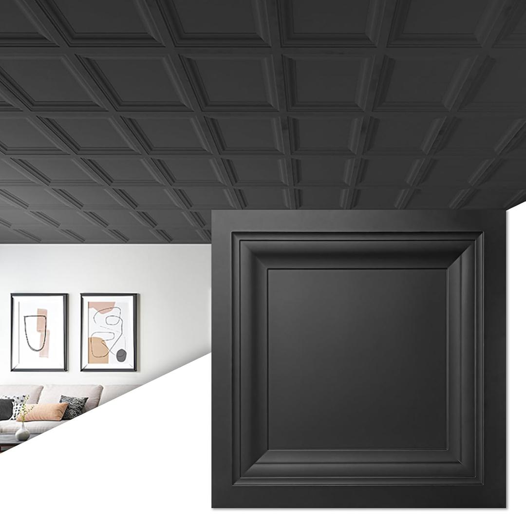 Art3d 12-Pack Square Black Drop Ceiling Tile 2ft x 2ft, PVC Ceiling Panel 24 x 24in.