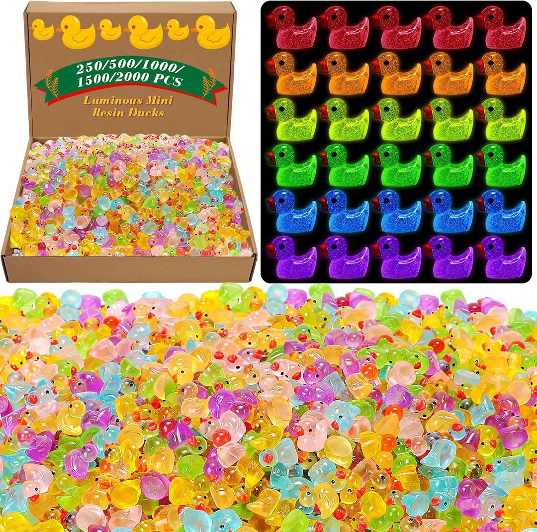 Barydat 1000 Pcs Mini Resin Duck Glowing in the Dark Little Tiny Luminou Duck Bulk for Hide Prank DIY Idea Gifts Cruise Party Garden Animal Figure Miniature for Garden Micro Decor