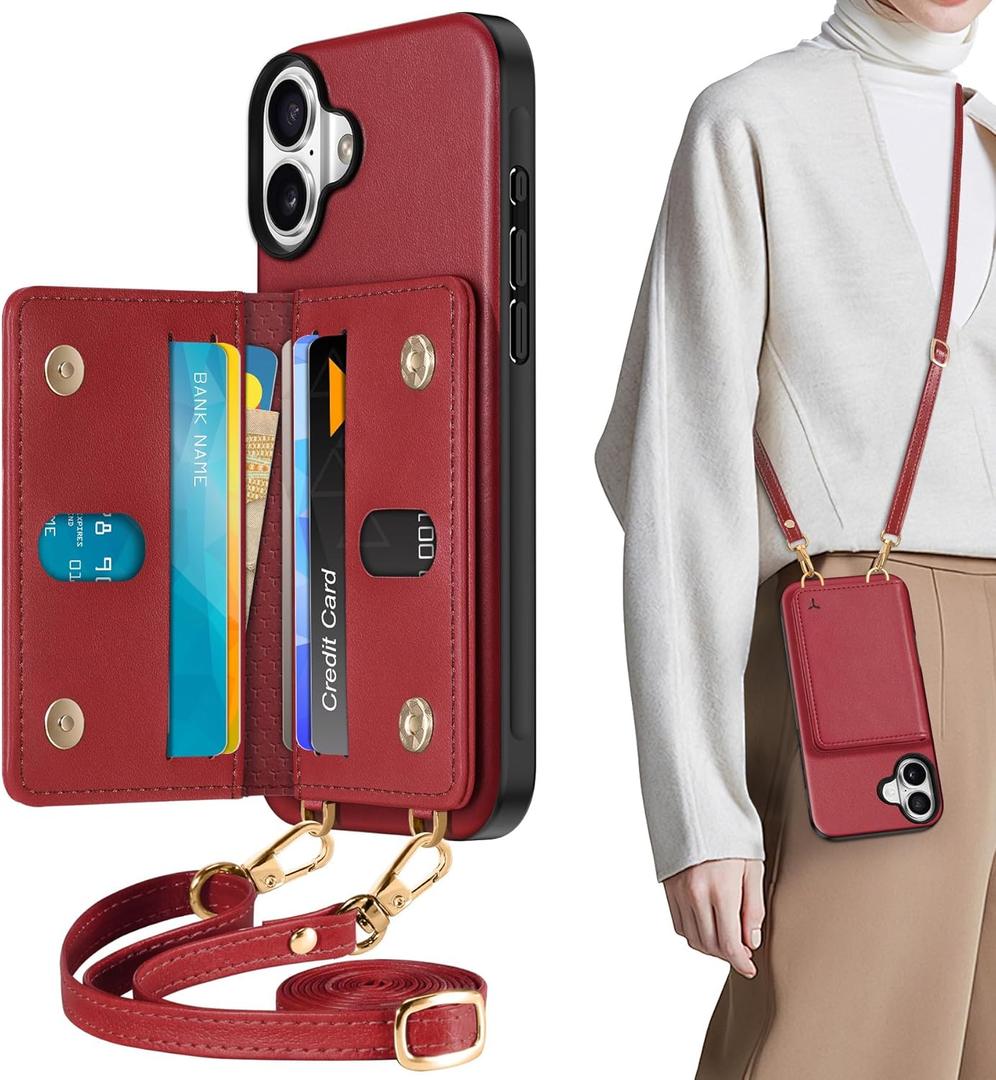 TUCCH Case Wallet for iPhone 16 Plus with Crossbody Lanyard 6 Card Holder, [Detachable Adjustable Strap] RFID Blocking PU Leather Folio Magnetic Closure Wallet Shockproof Phone Cover, Dark Red