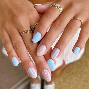 Blue Press on False Nails Short Oval - Polka Dot & Striped