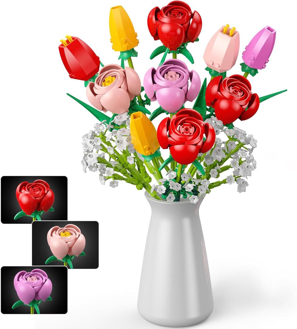 Flower Bouquet Building Set, 680PCS Tulip & Rose Block Kit for Adults & Kids Ages 6+, DIY Floras for Home Office Decor, Birthday, Valentine's Day & Mother's Day