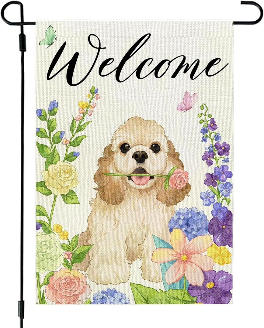 4 x Spring Summer Dog Flowers Garden Flag 12x18 Double Sided Flower Seasonal Sign Small Farmhouse Yard Outdoor Decoration