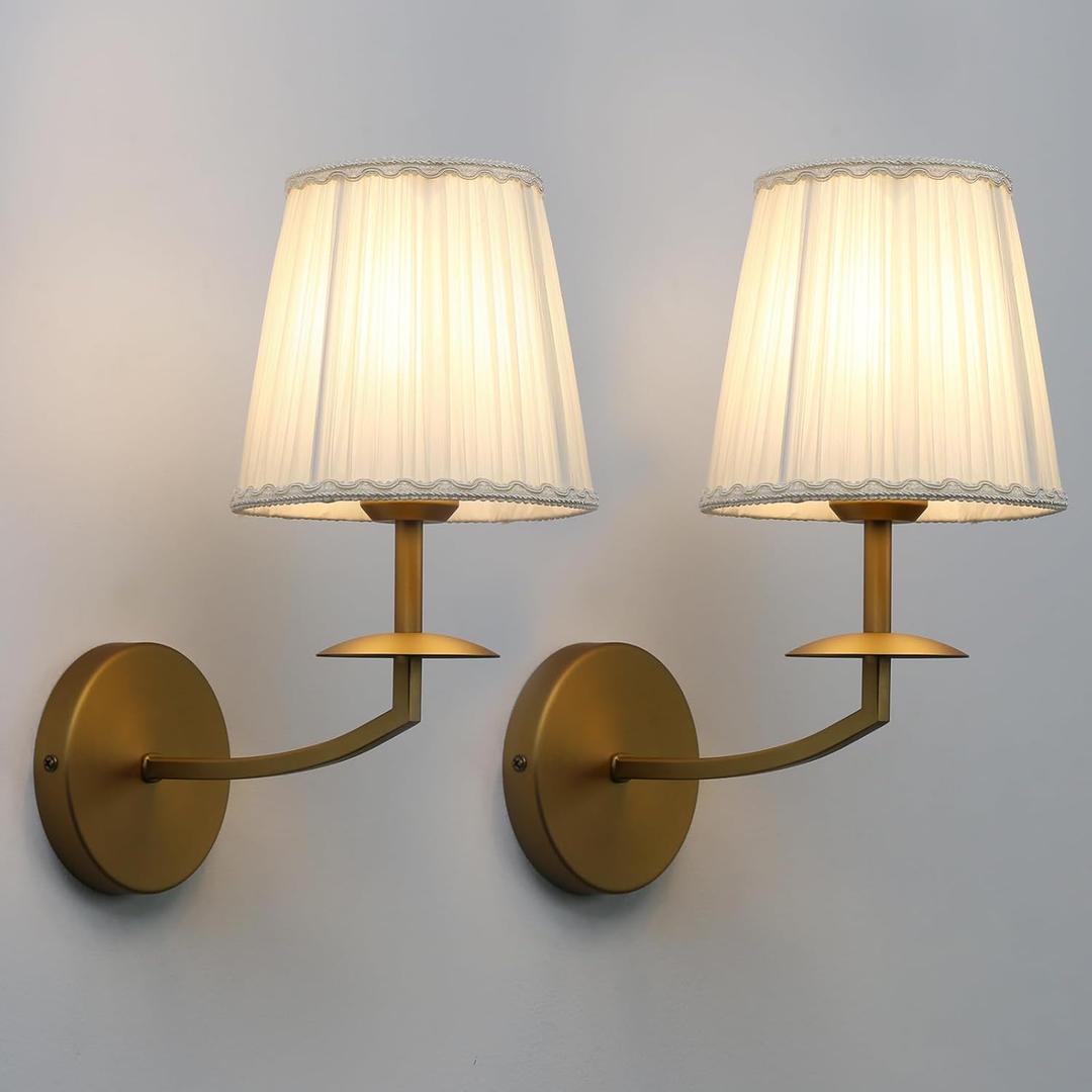 Yosoan Brass Gold Retro Boho Beige-White Gauze Fabric Shade Wall Sconce Set of 2, Vintage Vanity Antique Indoor Hardwired Champagne Bronze Flared Fabric Shade for Bedroom Hallway Living Room