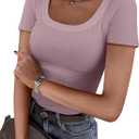 ANRABESS Women Short Sleeve Tops Scoop Neck Ribbed Knit Slim Fitted Basic Tee Shirts Casual Summer Clothes 2025 Fall Outfits (Small, Grey Pink)