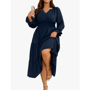 RWJ Womens Plus Size Fall Dress Long Sleeve V Neck Tiered A-Line Elegant Formal Casual Wedding Guest Maxi Dresses 3XL