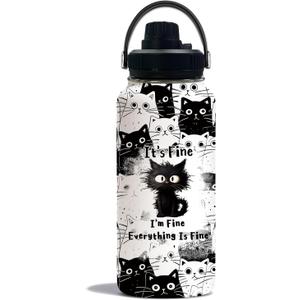 Cat Lover Gifts, Everything Is Fine I'm Fine Black Cats Water Bottle Travel Tumbler 32Oz, Christmas Birthday Gift for Cats Lovers Women Cup Cute Cat Themed Stuff Funny Coffee Mugs