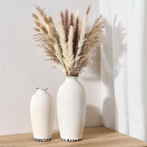 PORCER Ceramic Vases for Home Decor, Ice Crackle Aged White Vintage Ceramic Vase Set of 2, Minimalist Decorative Vase for Table Centerpiece Dining Living Room Office Nightstand Fireplace Decoration