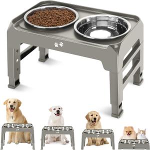 Elevated Bowls, 4 Height Adjustable Raised Stand With 2 Thick 50oz Stainless Steel Food Bowls, Non-Slip Feeder for Dogs, Adjusts to 3.7", 9.2", 10.75", 12.36" Light Brownish Gray