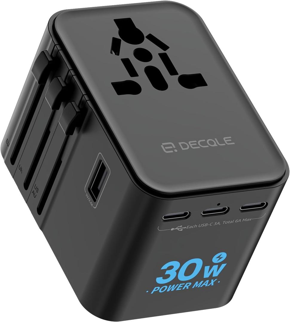 decqle Universal Travel Adapter, International Travel Plug Adapter with 3 USB-C  2 USB-A Ports(Total 30W), All in One Portable Adaptor, for USA, UK, EU, AU  224+ Countries (Black)
